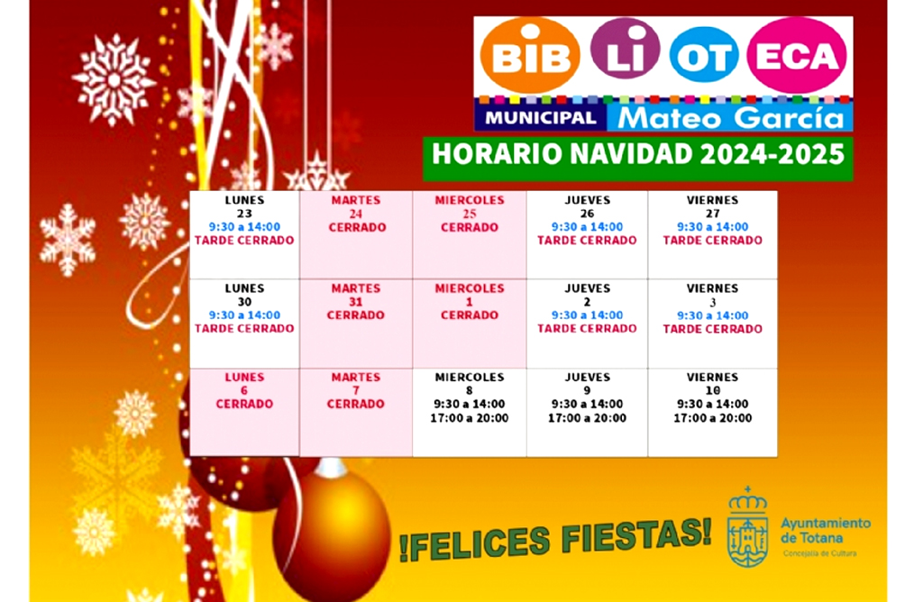 La Biblioteca Municipal permanecer abierta durante toda la Navidad a excepcin de los das festivos